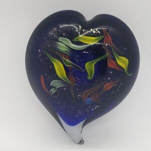 Heart Shaped Cobalt Blue Red Yellow Green Infused Swirls Art Glass Paperweight